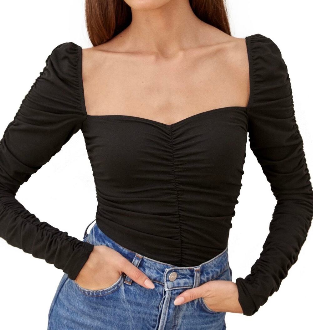 Reformation Blouse Esra Queen Anne Black Knit Stretch Square Knit Top size XS